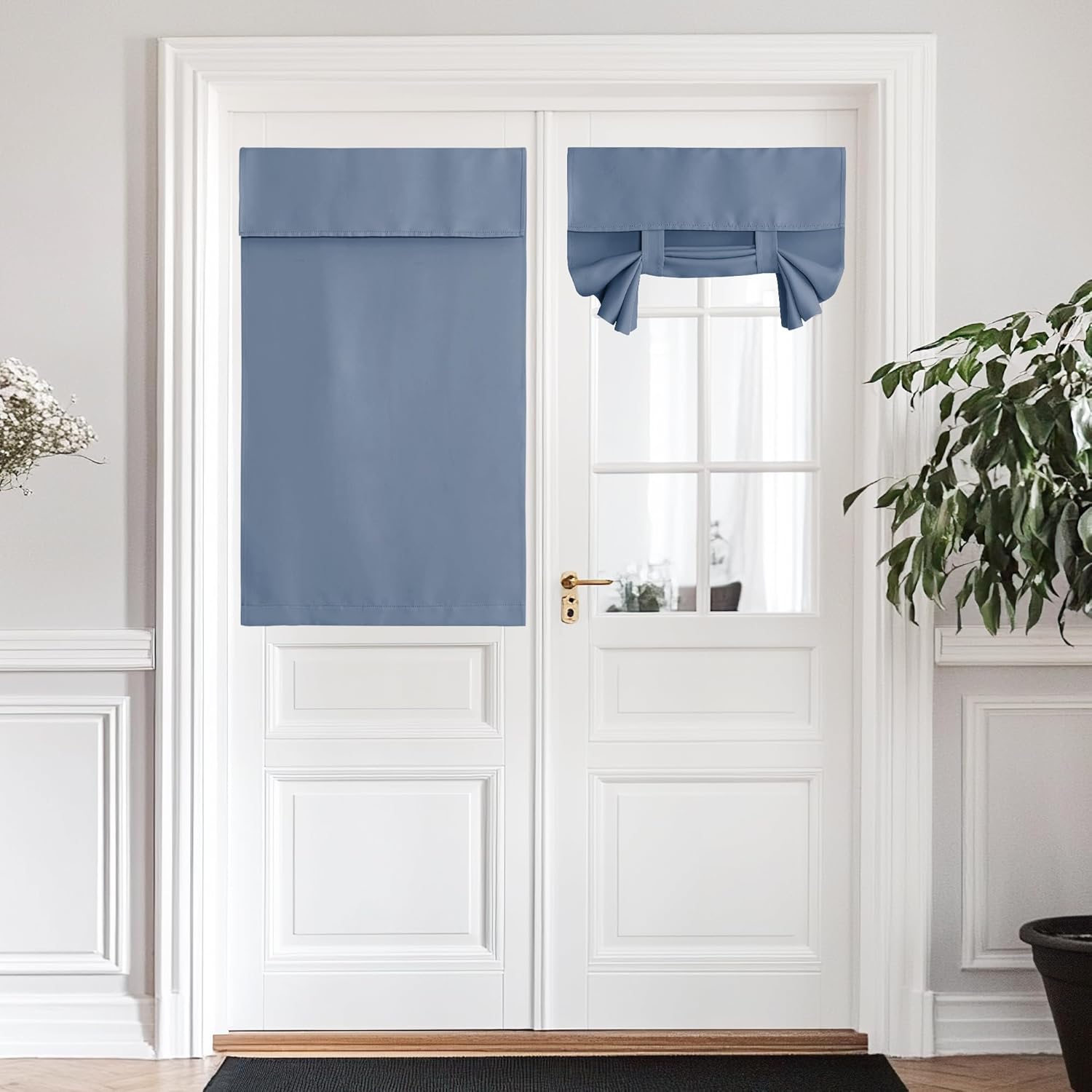 Set of slate blue opaque fabric door window shades, one flat panel and one tie-up style, on white french doors.