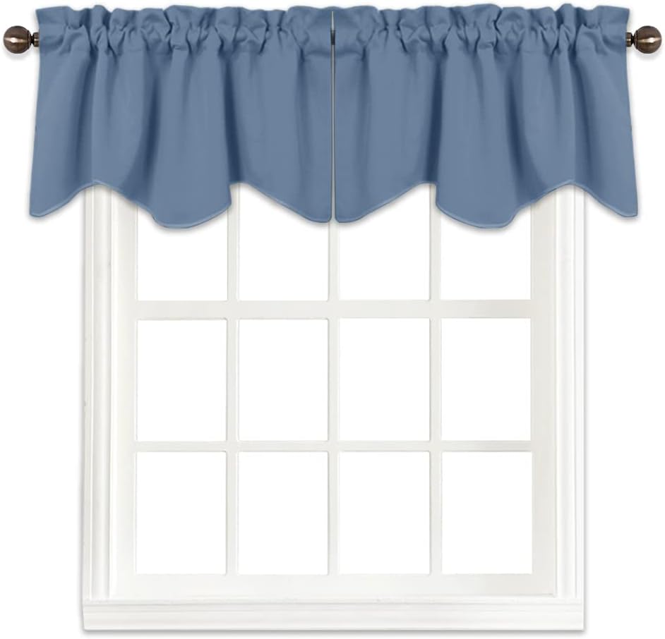 Slate blue ruffled rod pocket valance with a scalloped hem, displayed on a window with a brown rod.