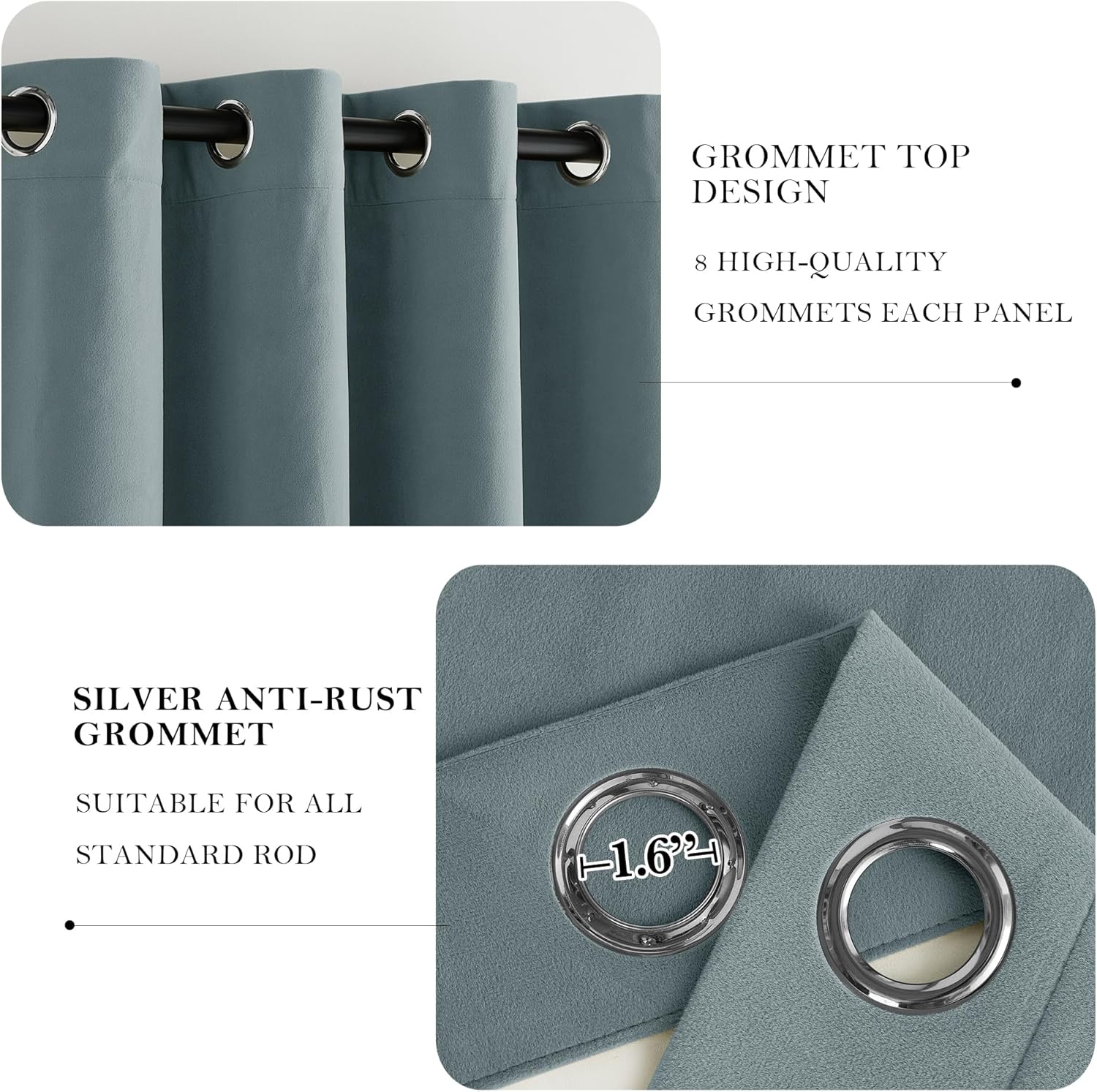 Close-up of slate blue textured curtain panels with shiny silver anti-rust 1.6-inch grommets, hanging from a black rod.