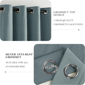 Close-up of slate blue textured curtain panels with shiny silver anti-rust 1.6-inch grommets, hanging from a black rod.