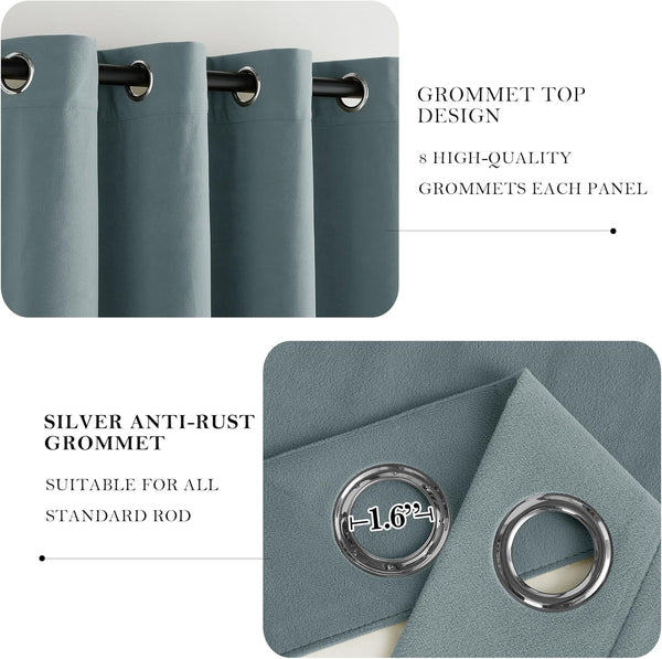 Close-up of slate blue textured curtain panels with shiny silver anti-rust 1.6-inch grommets, hanging from a black rod.