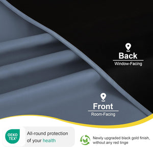 Close-up of slate gray blackout curtain fabric, showing room-facing gray front and black window-facing back.