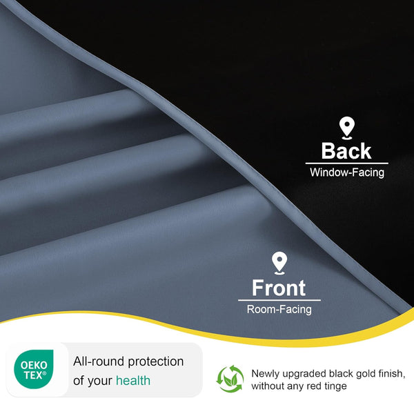 Close-up of slate gray blackout curtain fabric, showing room-facing gray front and black window-facing back.