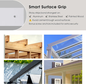 Infographic: Smart Surface Grip for aluminum, stainless steel, painted wood. Screw anchors. Shows wood, metal, house.