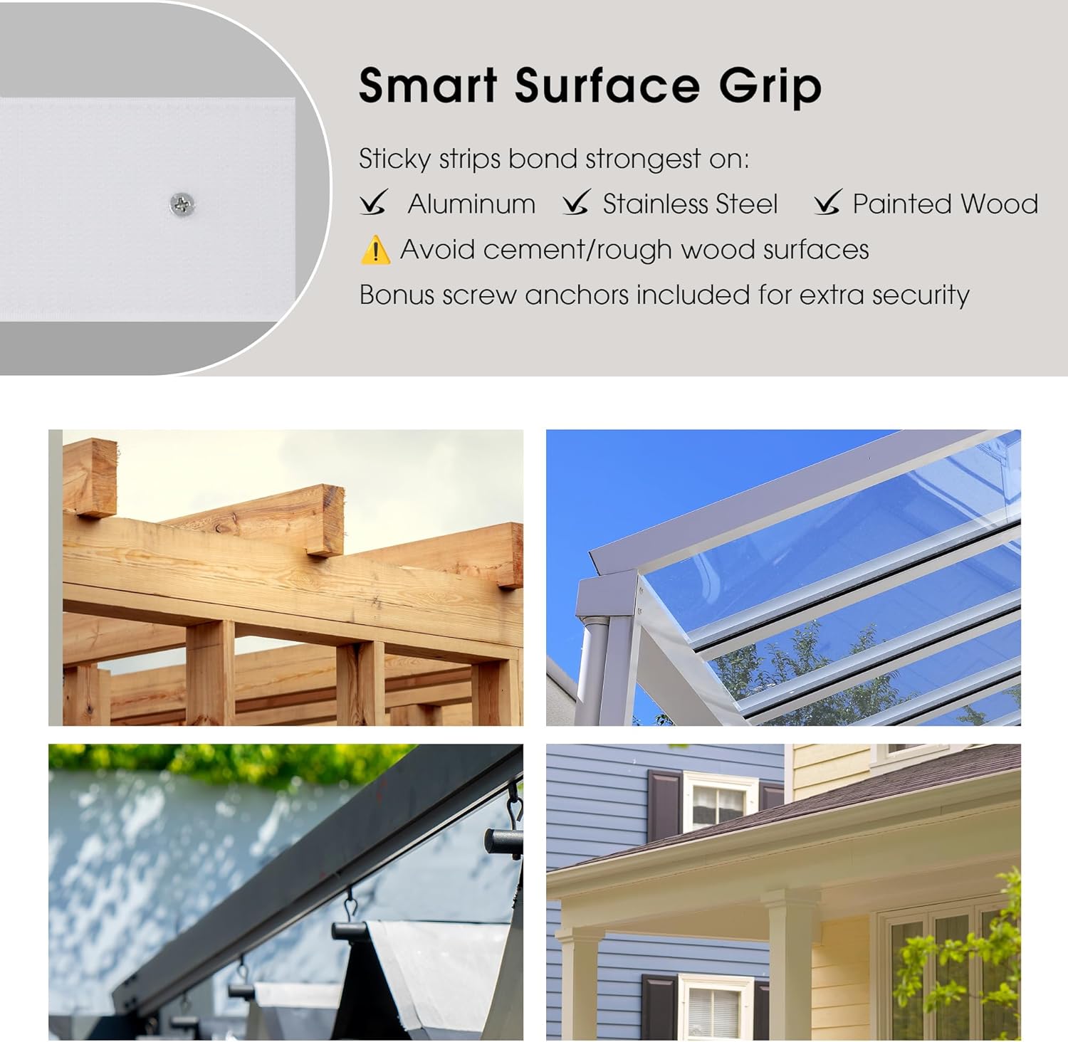 Smart Surface Grip with screw anchor. Adheres strongly to aluminum, stainless steel, and painted wood.