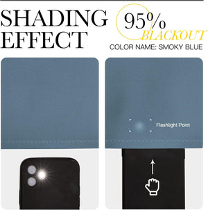 Close-up of smoky blue textured blackout fabric, demonstrating its 95% light-blocking capability with a flashlight test.