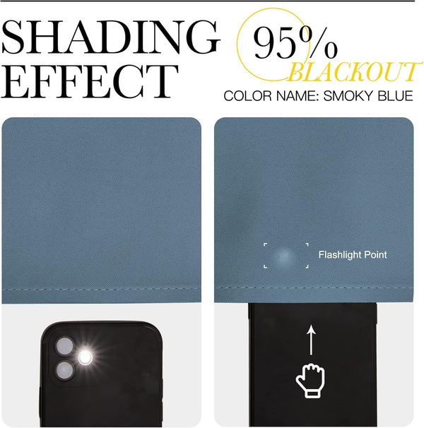 Close-up of smoky blue textured blackout fabric, demonstrating its 95% light-blocking capability with a flashlight test.