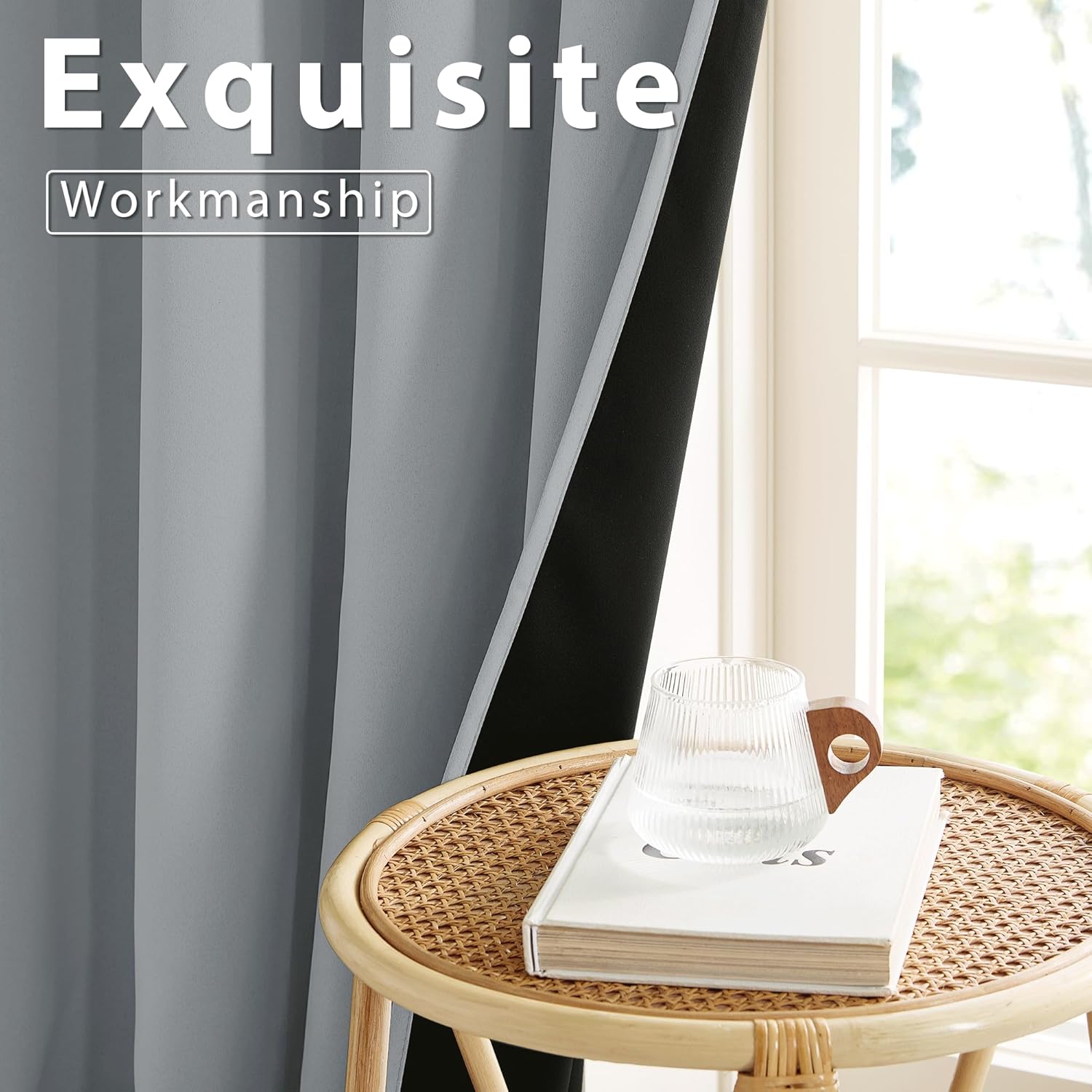 Smooth gray blackout window curtains with dark backing, neatly pleated, in a modern room setting.