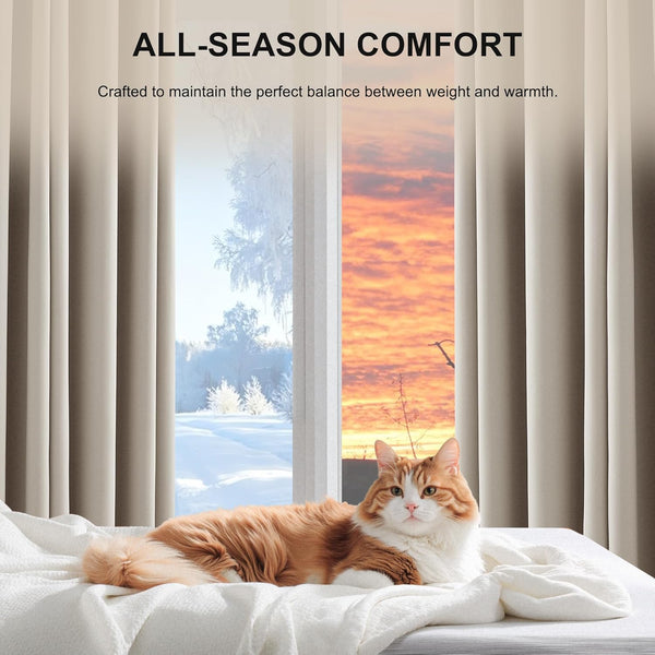 Cozy cream textured blanket on a bed, with an orange and white cat showing all-season comfort.