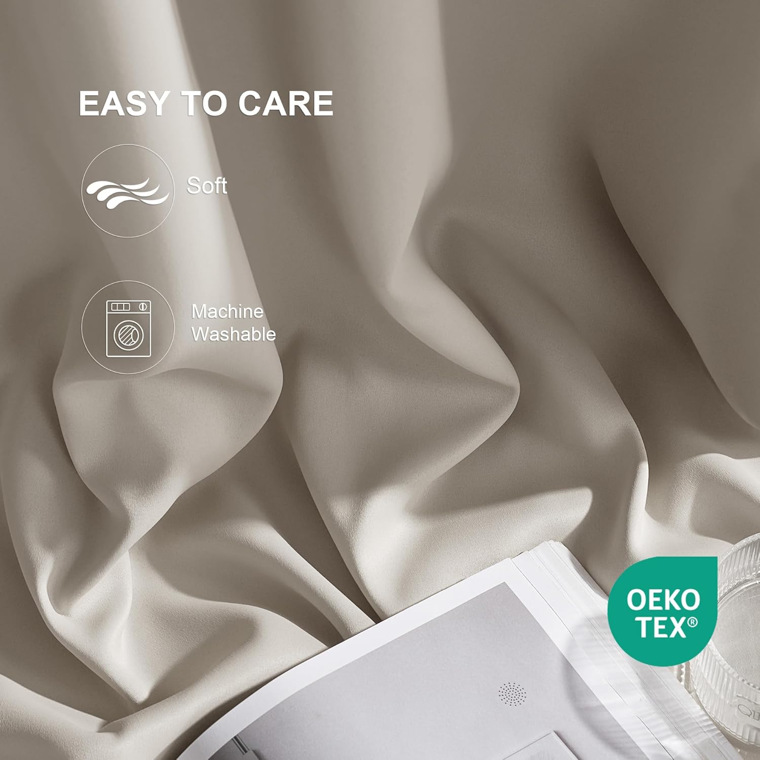 Soft greige fabric featuring 'Easy to Care' and 'Machine Washable' text. OEKO-TEX certified.