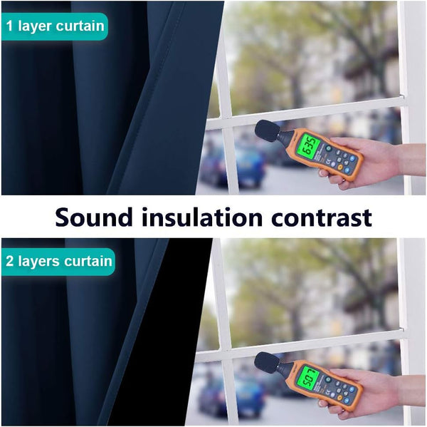 Comparison of dark layered soundproof curtains showing noise reduction from 63.5 dB to 50.7 dB using a sound meter.