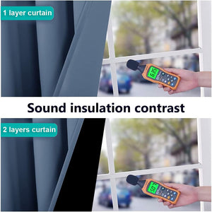 Blue-grey soundproof curtains. Single layer measures 63.5dB; double layer reduces noise to 50.7dB.