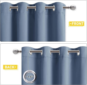Steel blue grommet top curtain panel, front and back view. Brushed nickel 1.6-inch grommets visible.