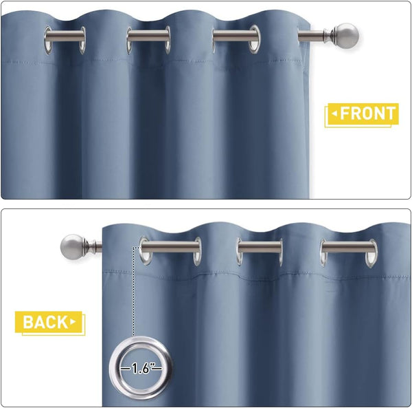 Steel blue grommet top curtain panel, front and back view. Brushed nickel 1.6-inch grommets visible.