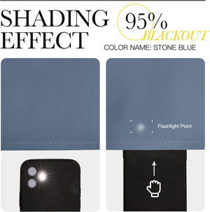 Stone blue fabric sample with diagonal weave showing 95% blackout effect tested with flashlight.