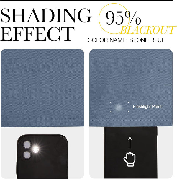 Stone blue fabric sample with diagonal weave showing 95% blackout effect tested with flashlight.