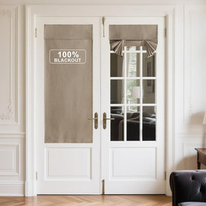 Tan 100% blackout shades on white French doors. One full panel, one tie-up Roman style blind.