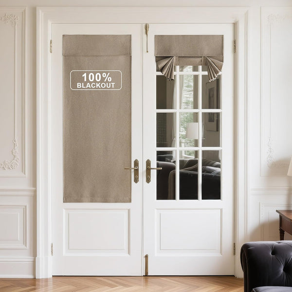 Tan 100% blackout shades on white French doors. One full panel, one tie-up Roman style blind.