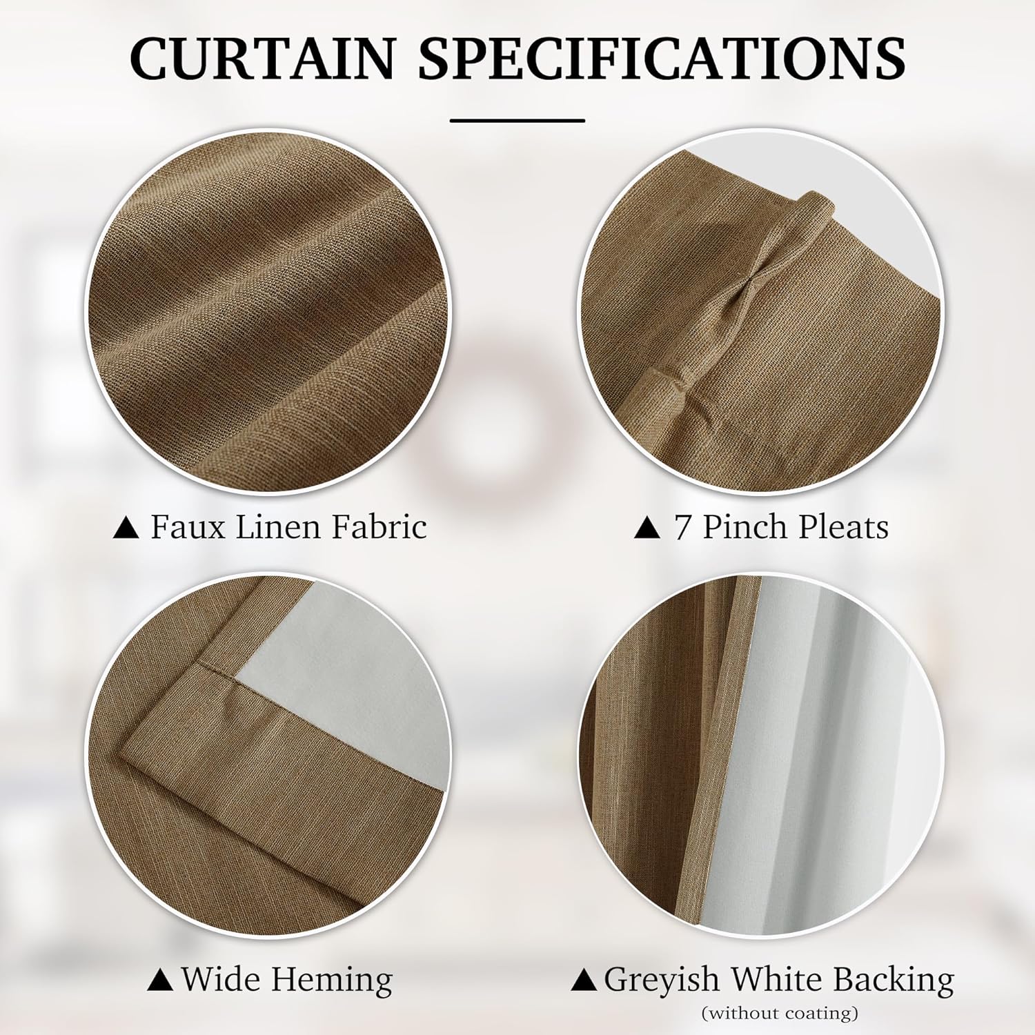 Tan faux linen curtain with textured fabric, 7 pinch pleats, wide hem, and greyish-white backing.