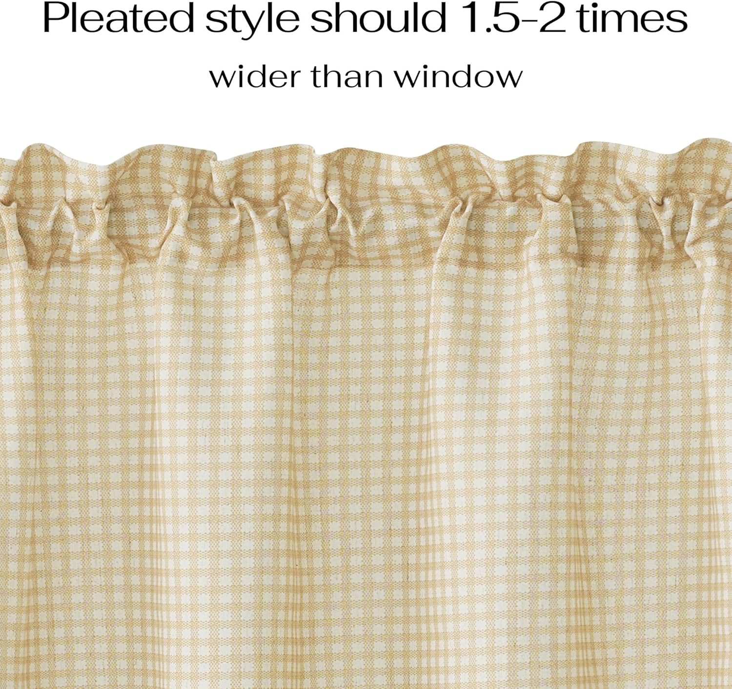 Close-up of a tan and off-white gingham pleated valance with gathered rod pocket top.