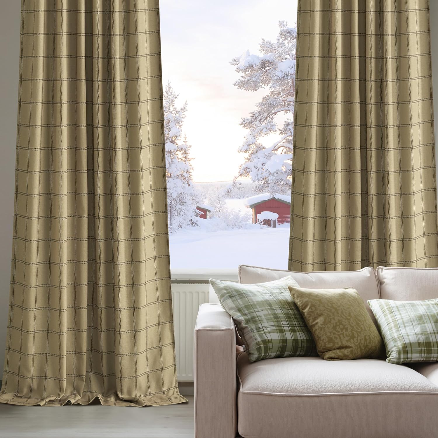 Tan plaid window curtains with dark grid pattern, styled in a room. Snowy landscape visible outside.