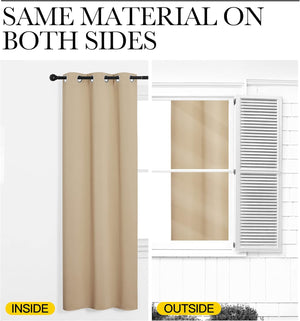 Tan grommet curtain panel, inside and outside views showing the same smooth fabric and color on both sides.