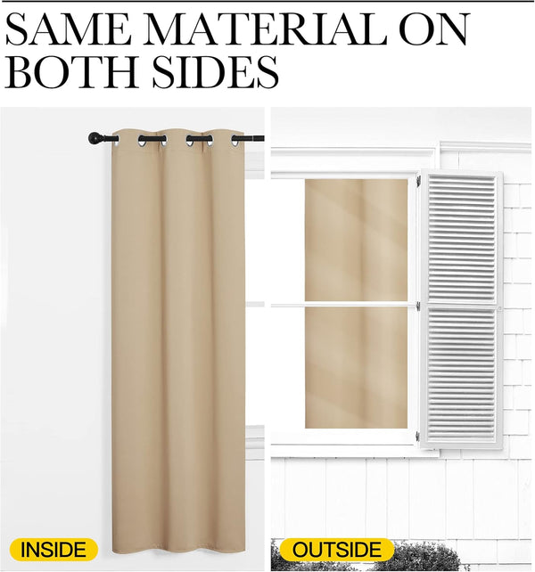 Tan grommet curtain panel, inside and outside views showing the same smooth fabric and color on both sides.