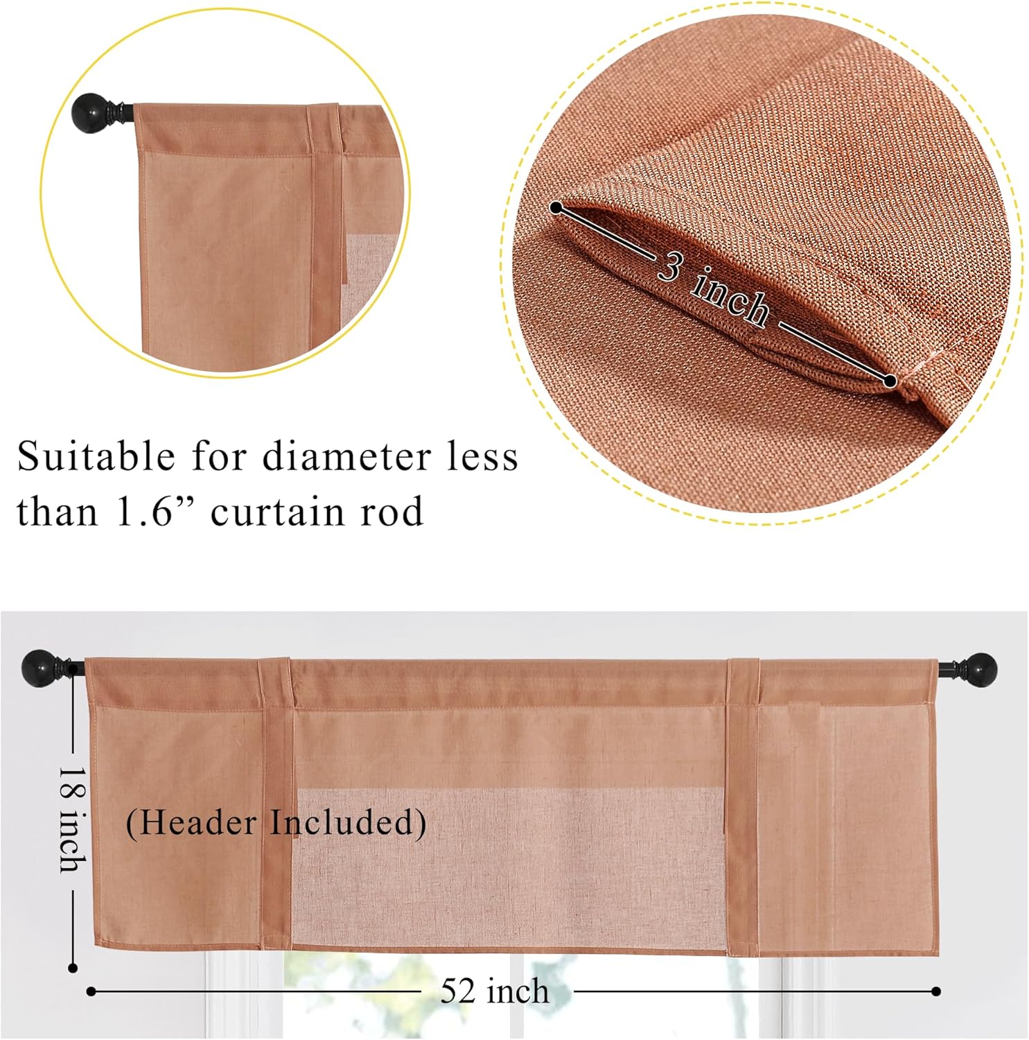 Light brown linen look sheer window valance, 18x52 inches, with a 3-inch rod pocket.
