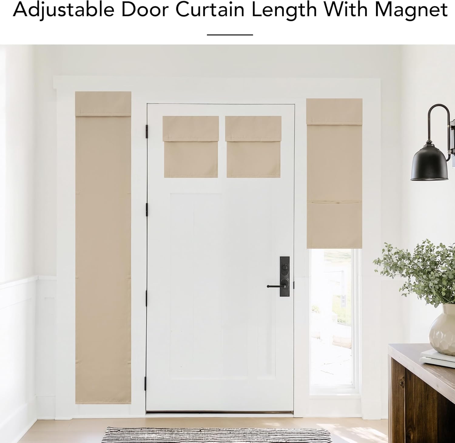 Tan fabric magnetic adjustable privacy shades on a white front entry door with sidelights.