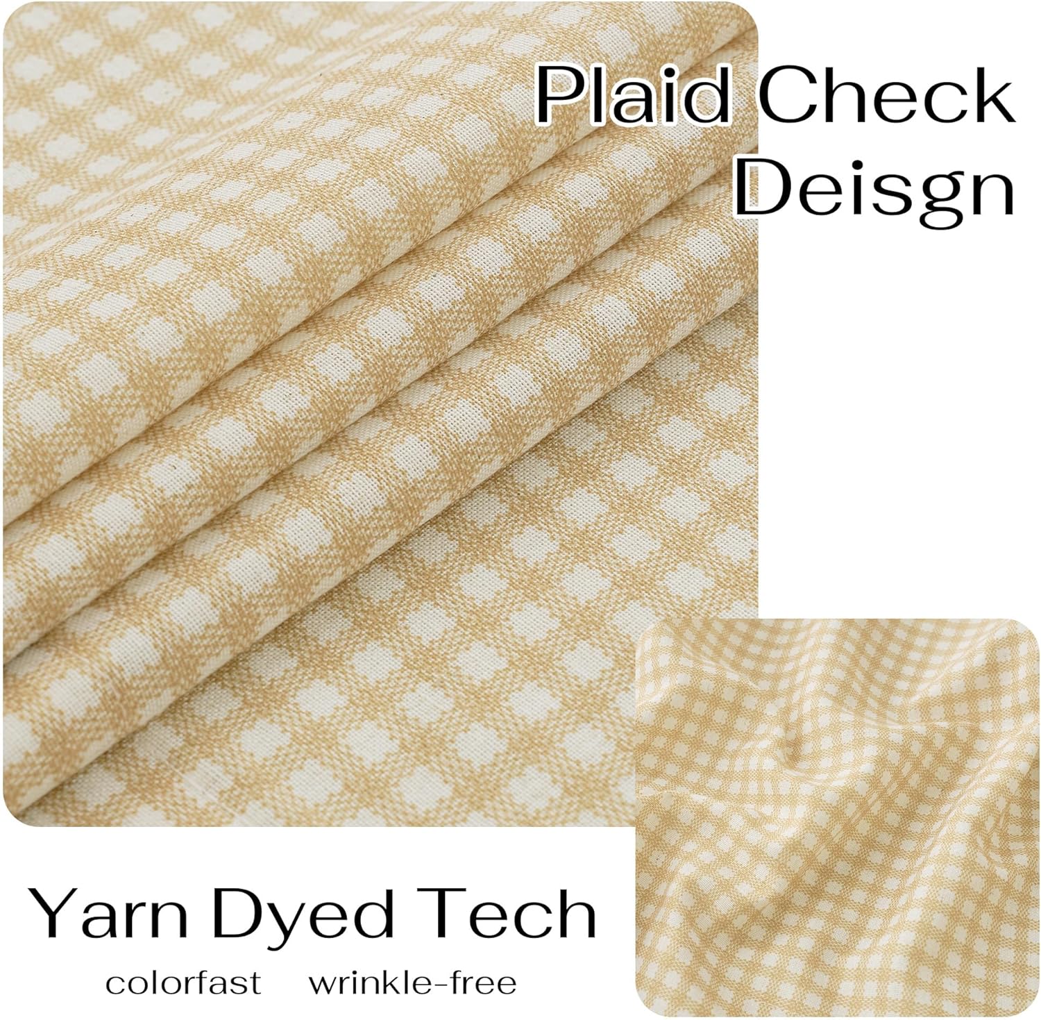 Close-up of a tan and off-white small plaid check fabric, neatly folded to show its woven texture.