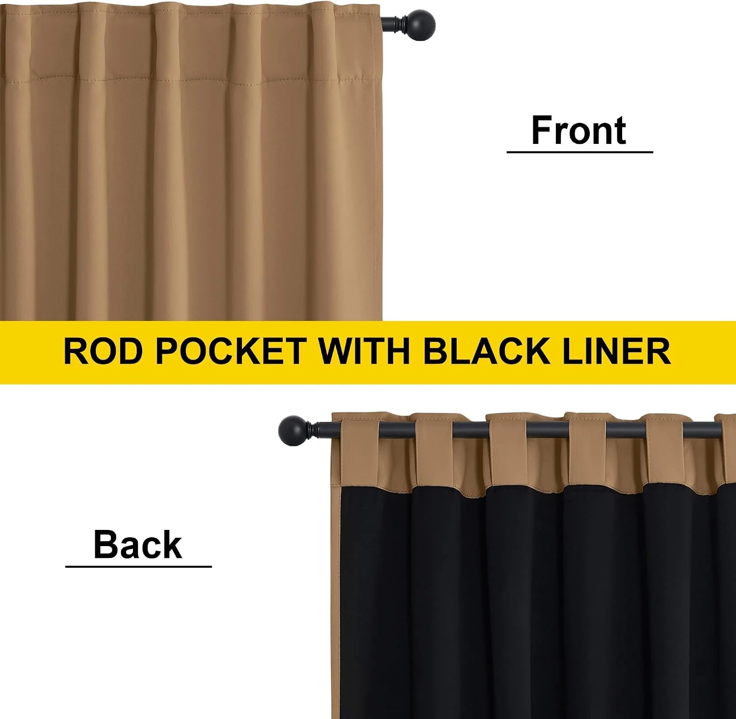 Tan rod pocket blackout curtain panel with black liner shown front and back