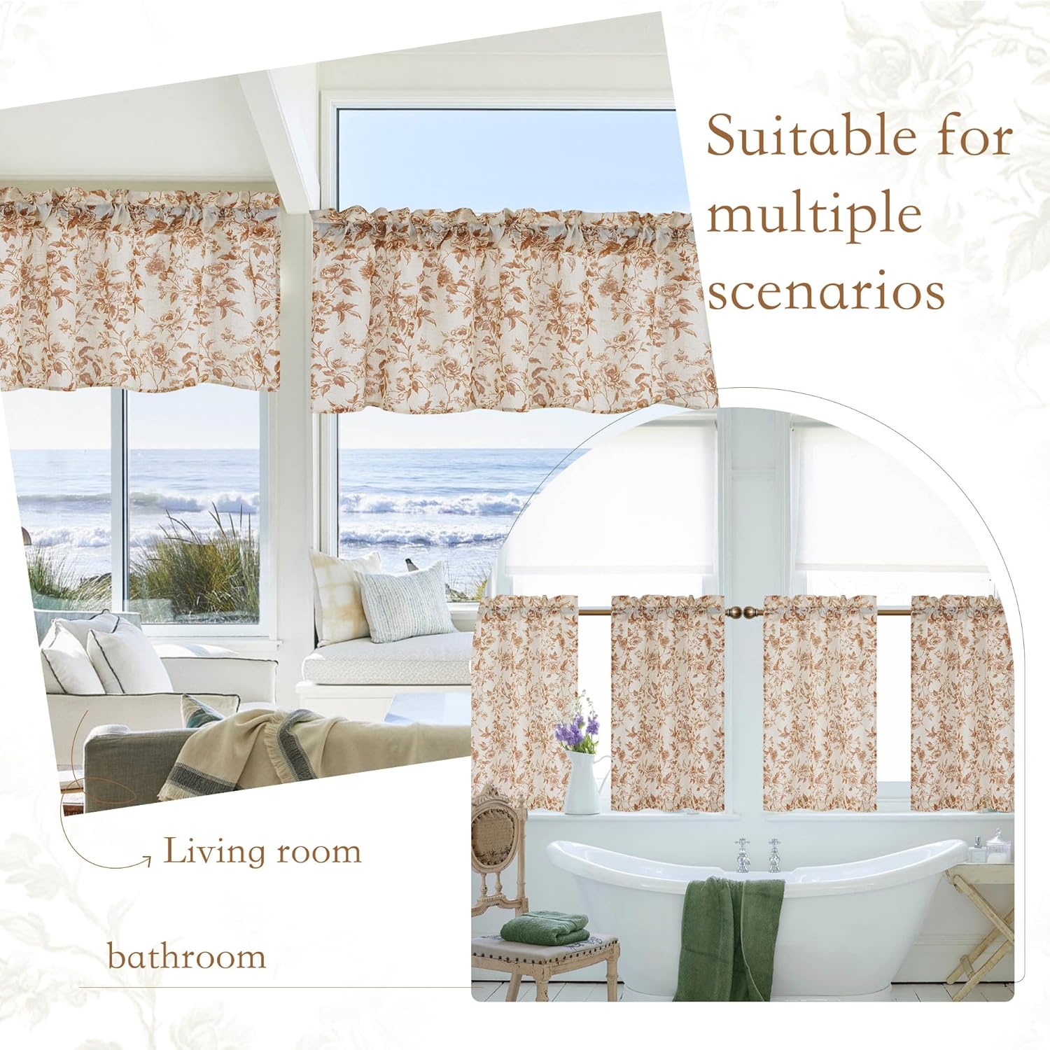 Cream and tan floral rose pattern valance with ruffled top, suitable for living room and bathroom windows.