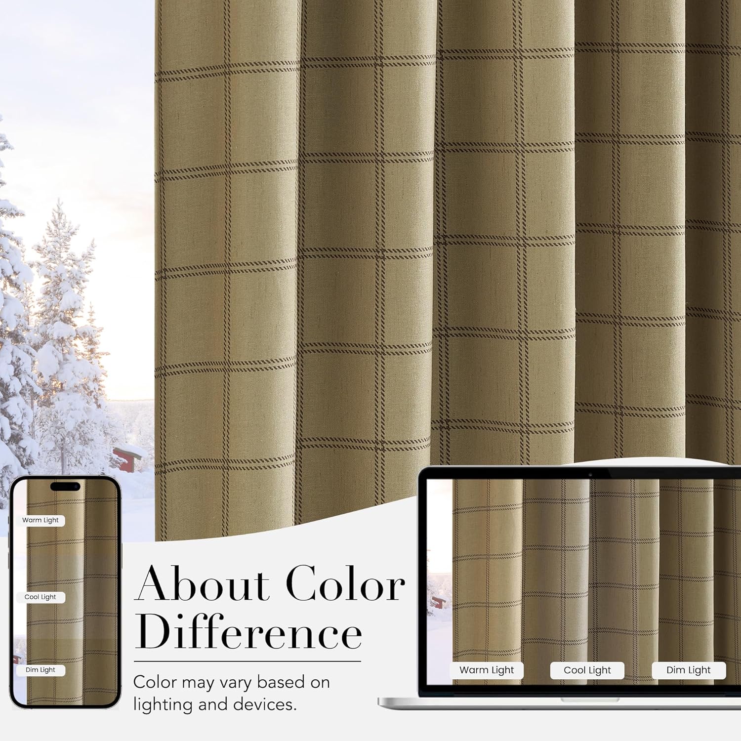 Tan rustic window curtain with a visible dark brown stitched windowpane plaid pattern, showing fabric texture.