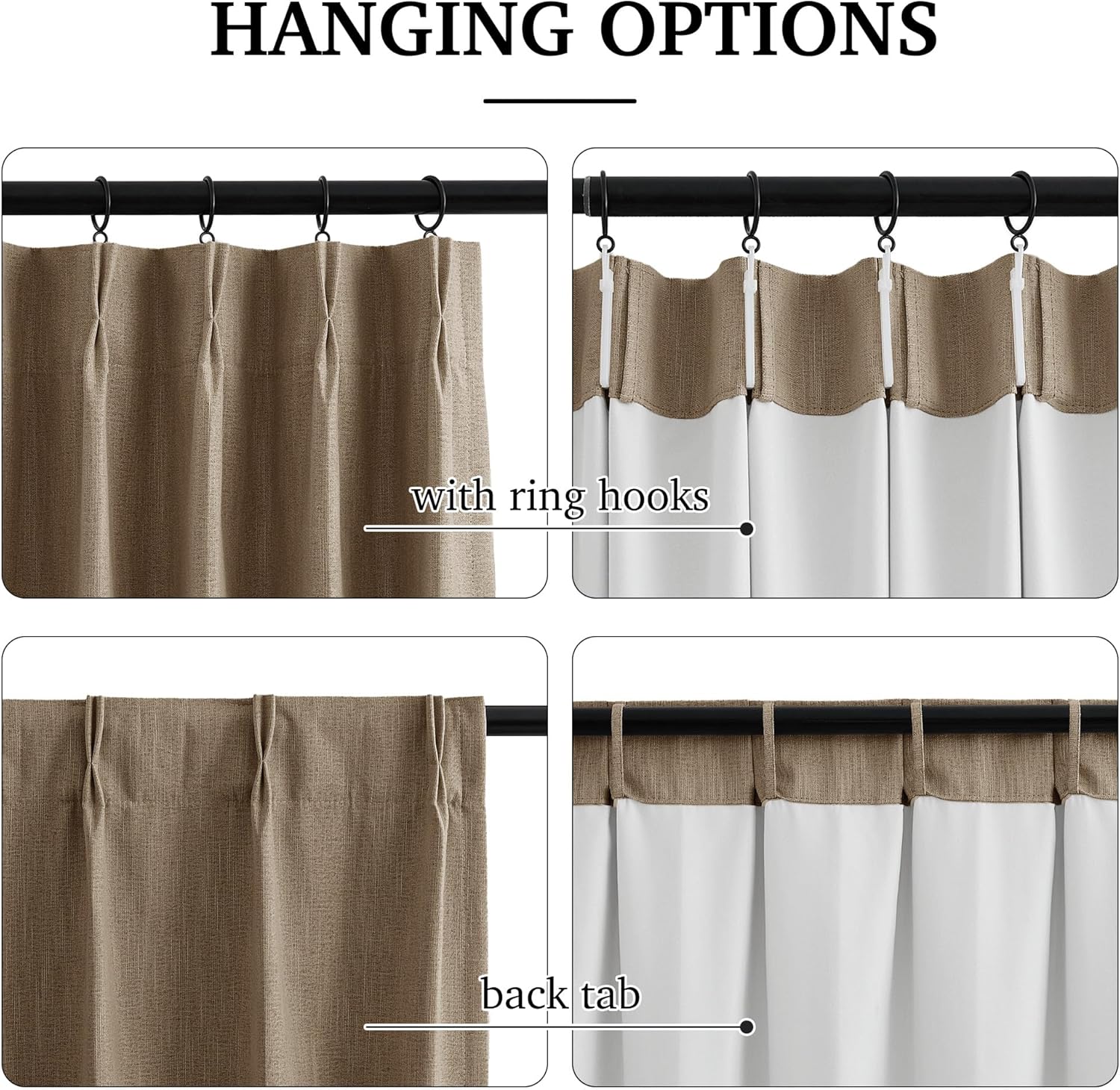 Close-up of tan textured curtain displaying pin pleat and back tab hanging options. White liner visible.