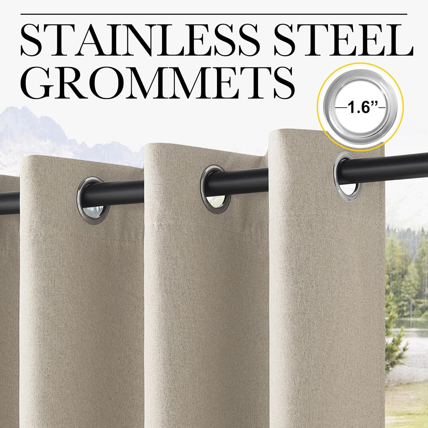 Close-up of tan textured curtain panels with 1.6-inch stainless steel grommets on a dark rod.