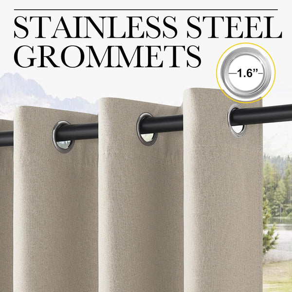 Close-up of tan textured curtain panels with 1.6-inch stainless steel grommets on a dark rod.