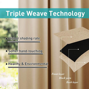 Beige triple weave blackout curtain detailed with a diagram showing its three-layer construction, including a black yarn core for effective room darkening.