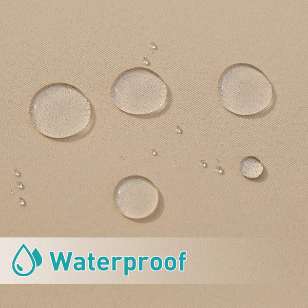 Close-up showing a tan waterproof fabric with clear water droplets perfectly beading on its surface.