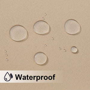 Close-up of tan textured fabric demonstrating its waterproof properties with clear water beads beading on the surface.