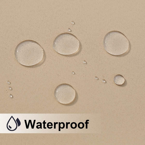Close-up of tan textured fabric demonstrating its waterproof properties with clear water beads beading on the surface.