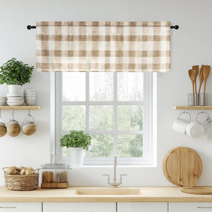 Tan and white plaid rod pocket window valance hangs in a modern farmhouse kitchen.