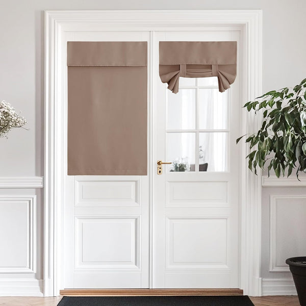 Taupe adjustable fabric shades, one flat panel and one tied-up, on white French doors.