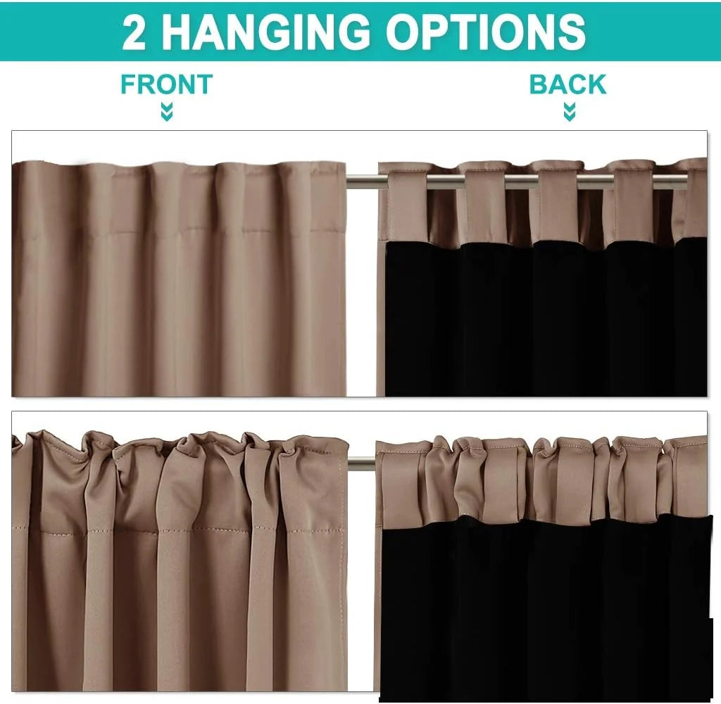 Taupe and black curtain panels showing front and back hanging options on rod