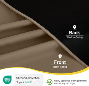 Taupe blackout curtain fabric, brown room-facing, with black 'black gold' thermal backing.