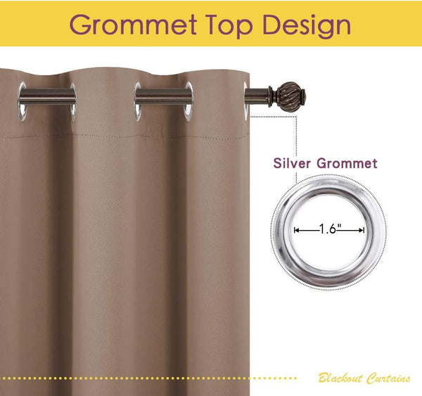 Close-up of taupe blackout curtain featuring silver 1.6-inch grommet top on a dark rod.
