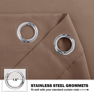 Close-up of taupe brown curtain fabric with two shiny stainless steel grommets, measuring 1.6 inches.