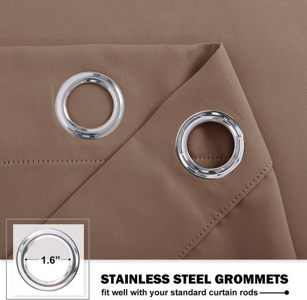 Close-up of taupe brown curtain fabric with two shiny stainless steel grommets, measuring 1.6 inches.