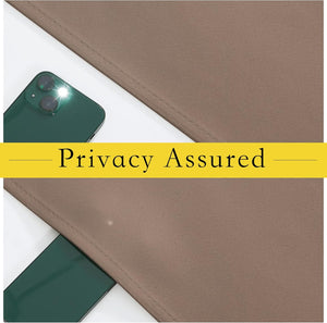 Taupe textured fabric with phone behind, showing its light-blocking and privacy features.
