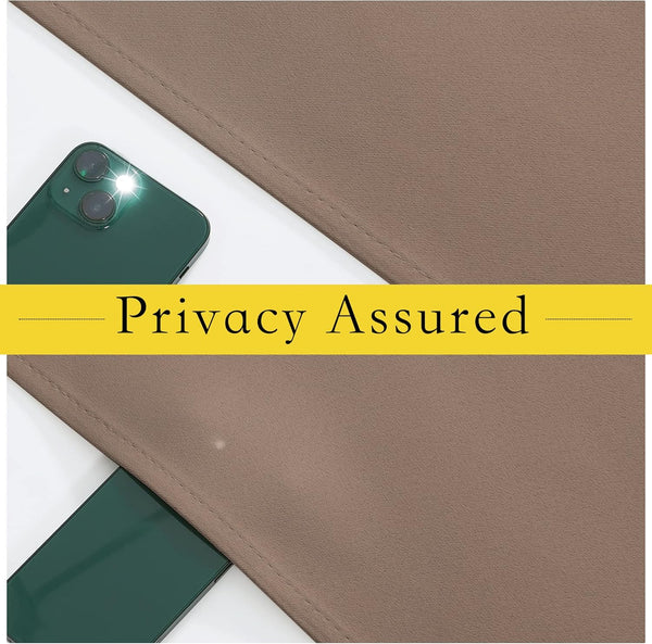 Taupe textured fabric with phone behind, showing its light-blocking and privacy features.
