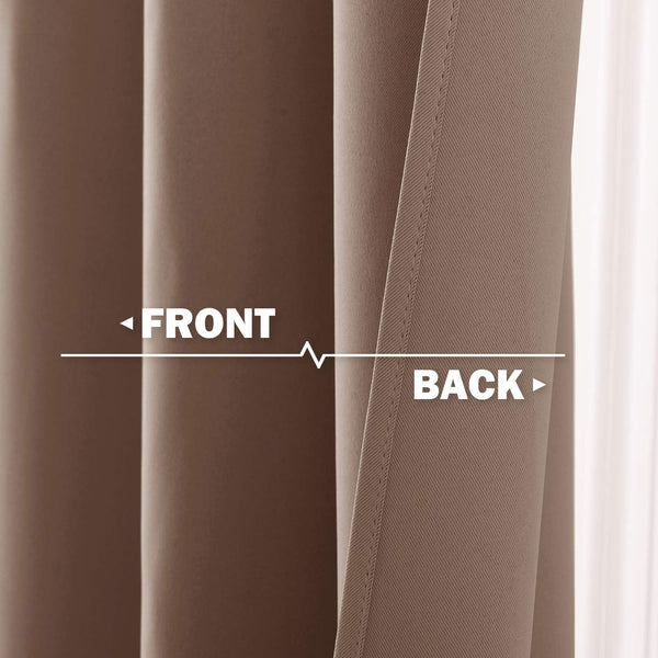 Close-up of taupe brown blackout curtain, highlighting its smooth front and a textured back with diagonal weave.